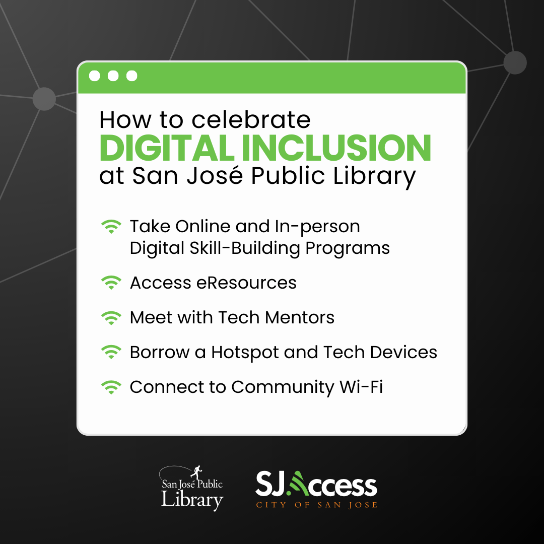 Thumbnail of 2nd social media image with text on how to celebrate Digital Inclusion at SJPL.